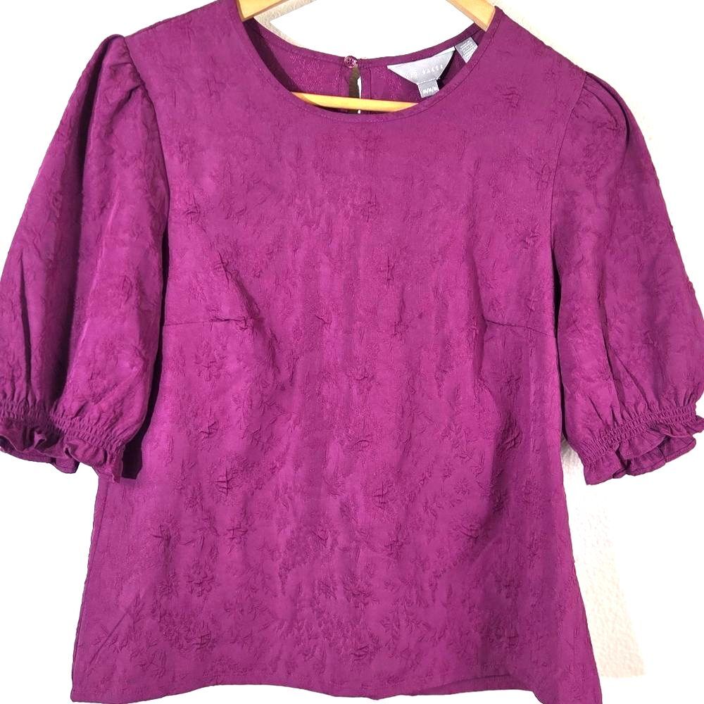 Ted Baker Women’s Purple Textured Floral Puff Sleeve Blouse Top Size M Spot